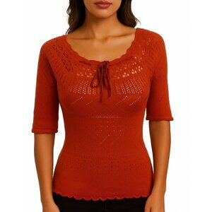 Vintage Y2K Dynamite Red Peasant Knit Top Tie Front Cottagecore Boho Sweater M